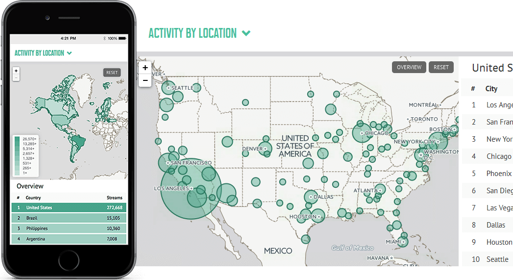 map showing streaming and sales by location